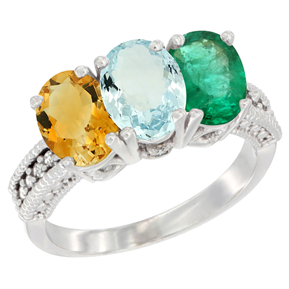 14K White Gold Natural Citrine, Aquamarine &amp; Emerald Ring 3-Stone 7x5 mm Oval Diamond Accent, sizes 5 - 10