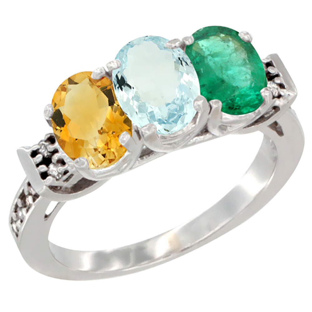 10K White Gold Natural Citrine, Aquamarine &amp; Emerald Ring 3-Stone Oval 7x5 mm Diamond Accent, sizes 5 - 10