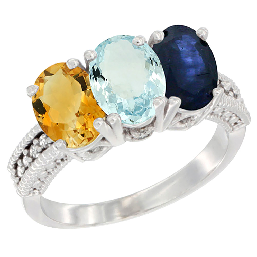 14K White Gold Natural Citrine, Aquamarine & Blue Sapphire Ring 3-Stone 7x5 mm Oval Diamond Accent, sizes 5 - 10
