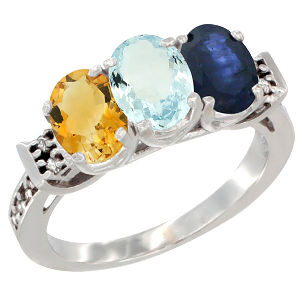 14K White Gold Natural Citrine, Aquamarine &amp; Blue Sapphire Ring 3-Stone 7x5 mm Oval Diamond Accent, sizes 5 - 10