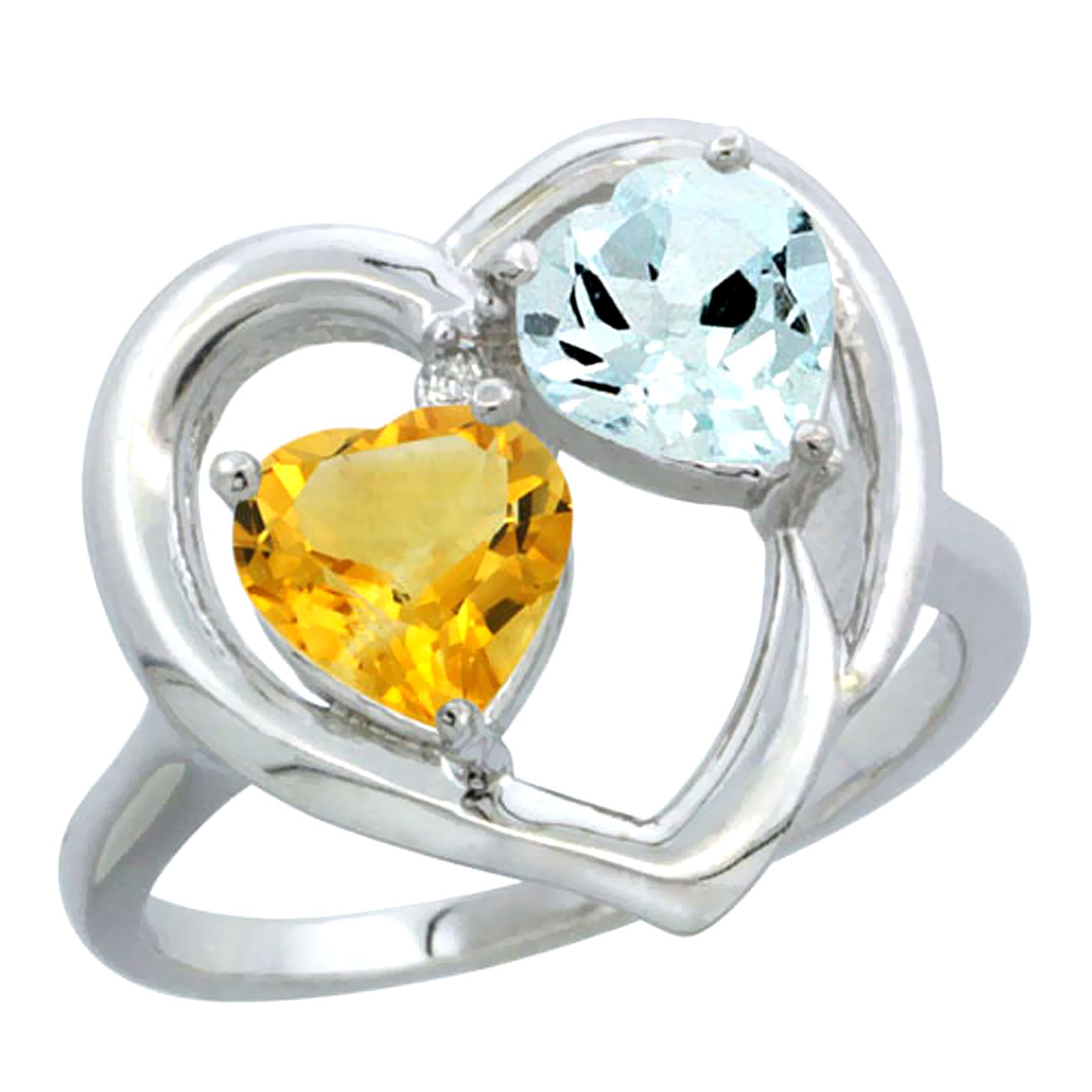 10K White Gold Diamond Two-stone Heart Ring 6mm Natural Citrine & Aquamarine, sizes 5-10
