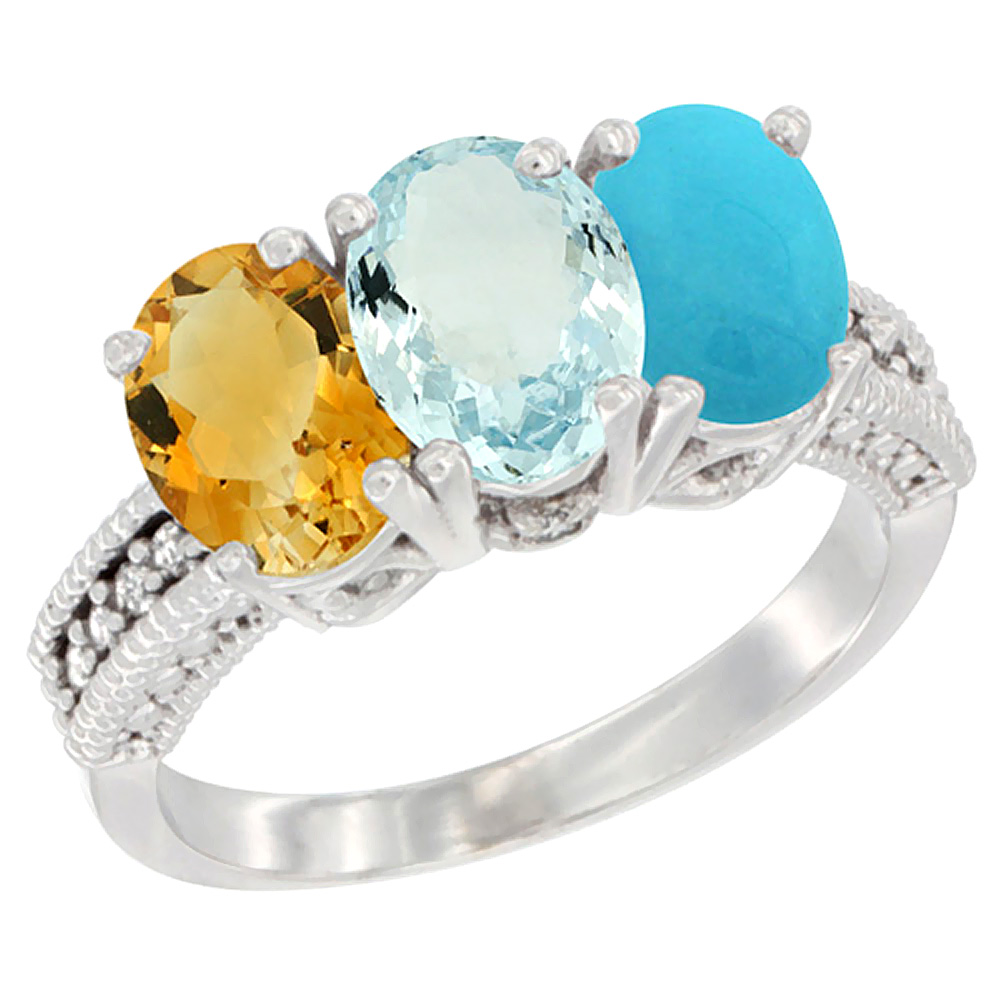 14K White Gold Natural Citrine, Aquamarine &amp; Turquoise Ring 3-Stone 7x5 mm Oval Diamond Accent, sizes 5 - 10
