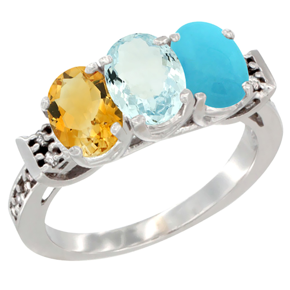 14K White Gold Natural Citrine, Aquamarine & Turquoise Ring 3-Stone 7x5 mm Oval Diamond Accent, sizes 5 - 10