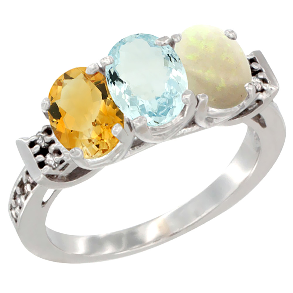 10K White Gold Natural Citrine, Aquamarine & Opal Ring 3-Stone Oval 7x5 mm Diamond Accent, sizes 5 - 10