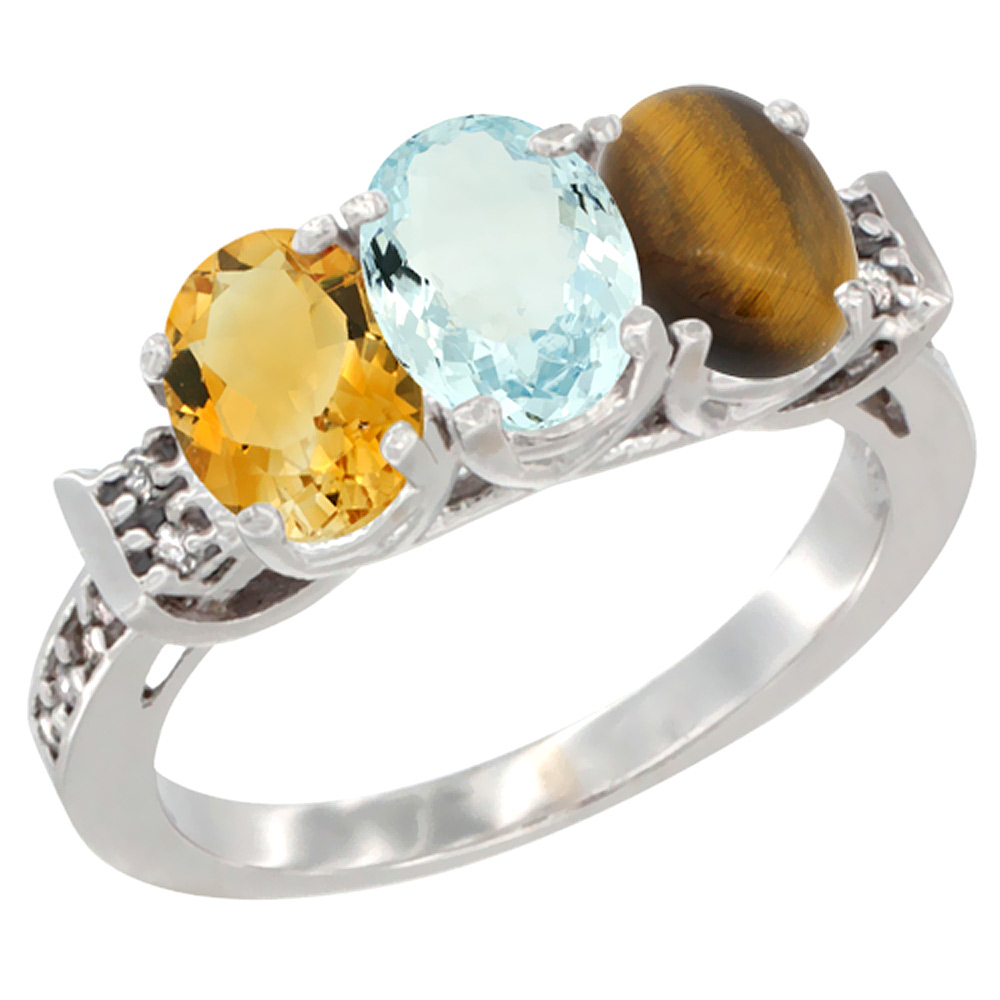 14K White Gold Natural Citrine, Aquamarine & Tiger Eye Ring 3-Stone 7x5 mm Oval Diamond Accent, sizes 5 - 10