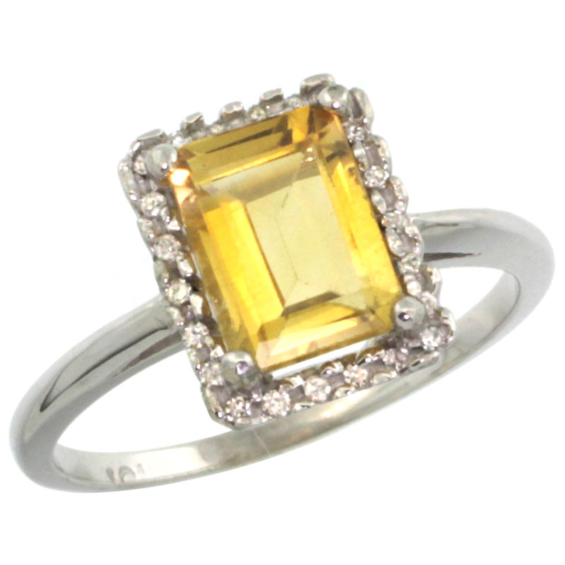 10K White Gold Diamond Natural Citrine Ring Emerald-cut 8x6mm, sizes 5-10