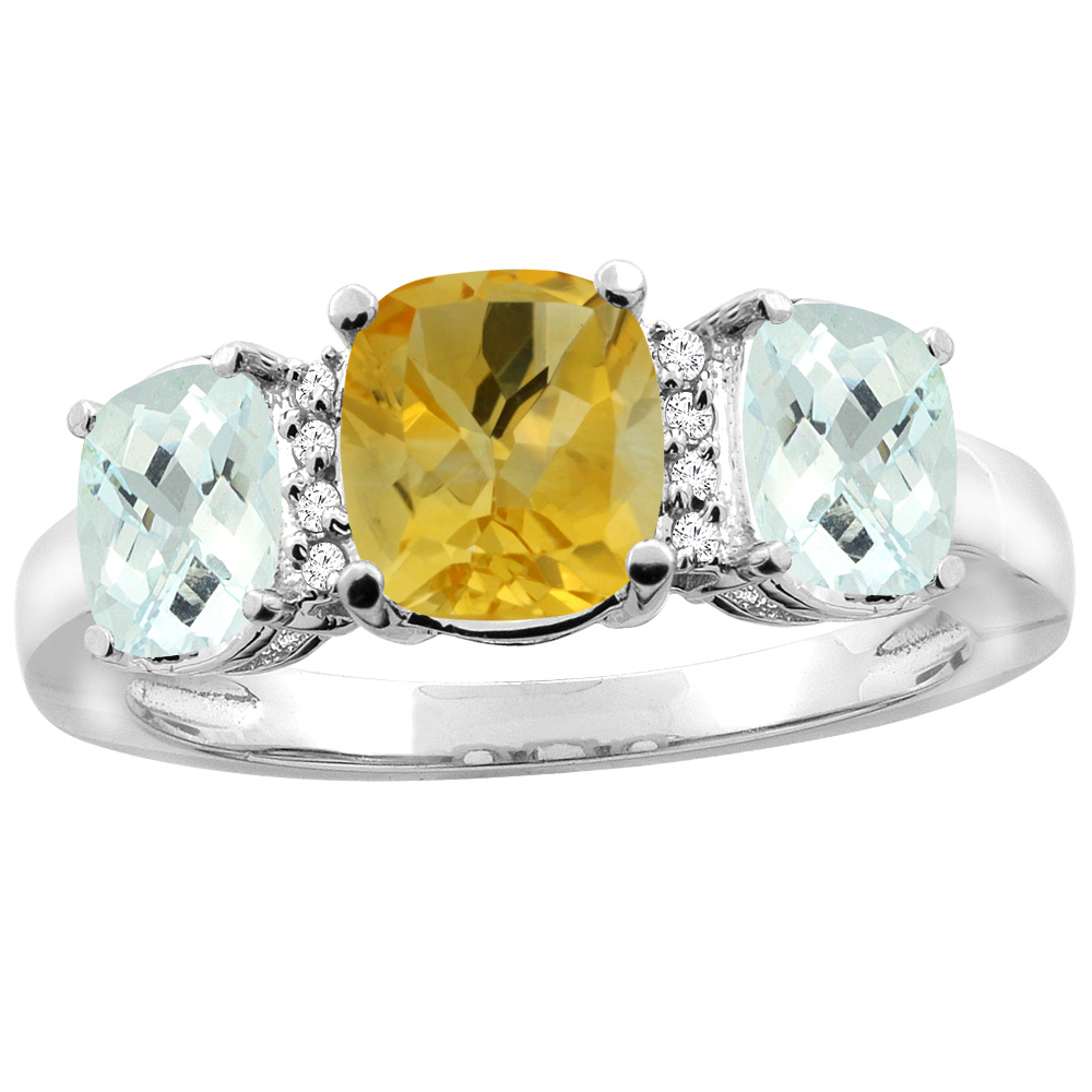 10K Yellow Gold Natural Citrine &amp; Aquamarine 3-stone Ring Cushion 8x6mm Diamond Accent, sizes 5 - 10