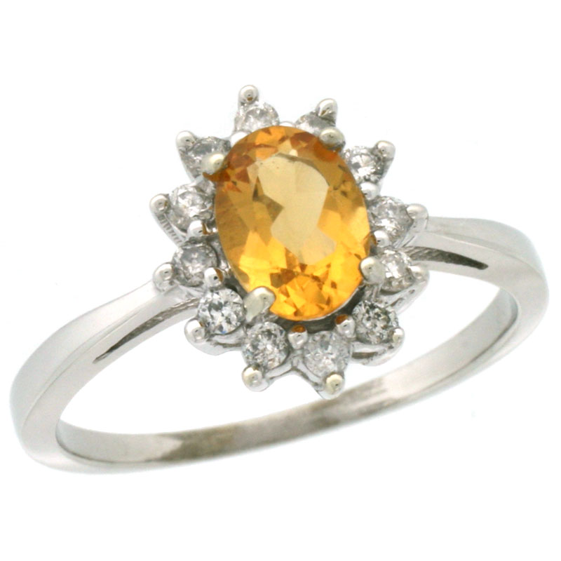 14K White Gold Natural Citrine Engagement Ring Oval 7x5mm Diamond Halo, sizes 5-10
