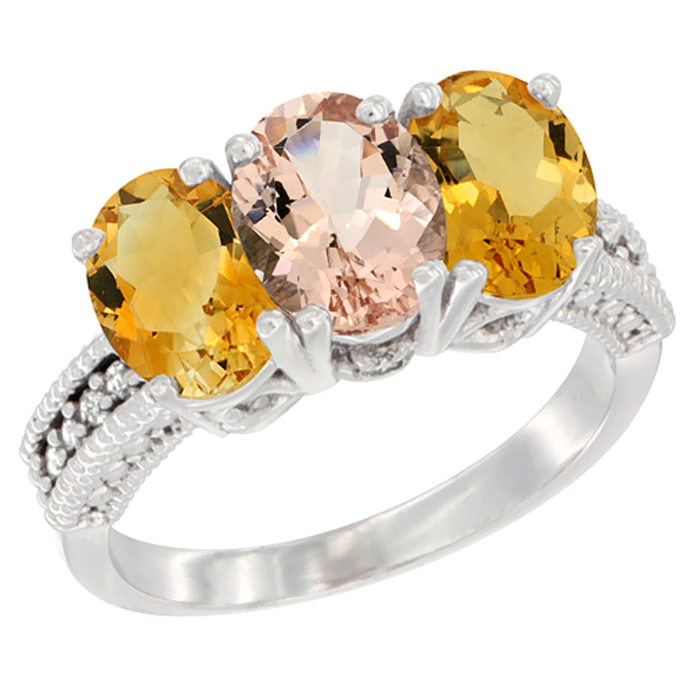 14K White Gold Natural Morganite &amp; Citrine Sides Ring 3-Stone 7x5 mm Oval Diamond Accent, sizes 5 - 10