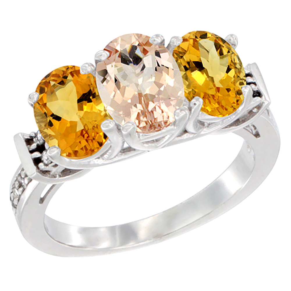 10K White Gold Natural Morganite & Citrine Sides Ring 3-Stone Oval Diamond Accent, sizes 5 - 10