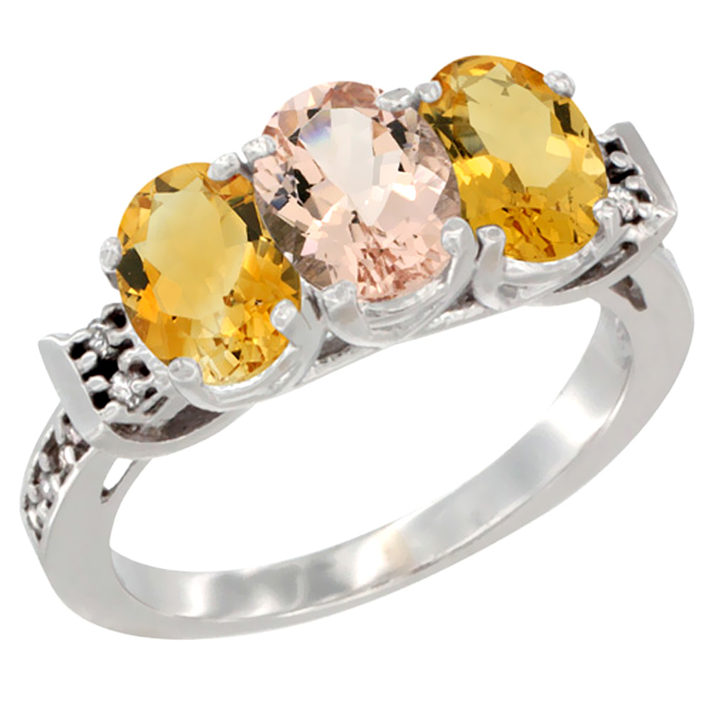14K White Gold Natural Morganite & Citrine Sides Ring 3-Stone 7x5 mm Oval Diamond Accent, sizes 5 - 10