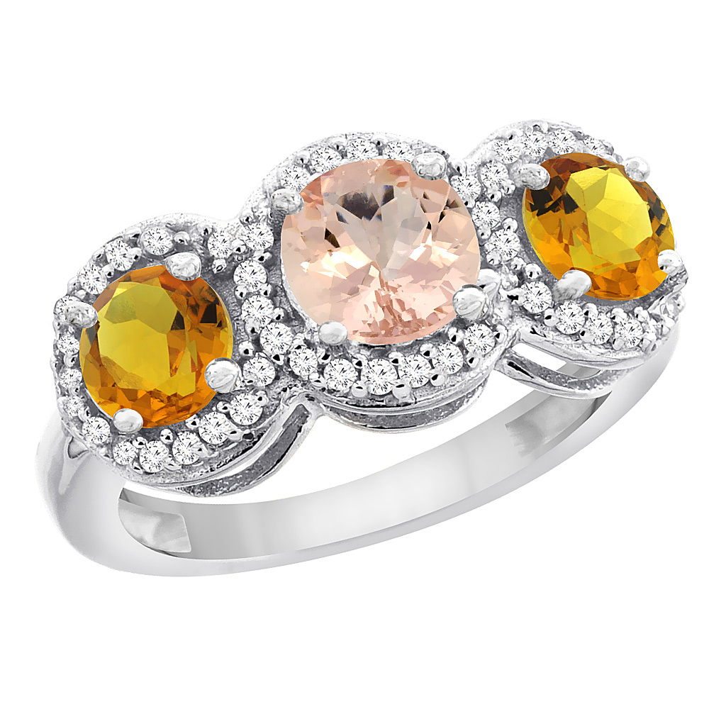 14K White Gold Natural Morganite &amp; Citrine Sides Round 3-stone Ring Diamond Accents, sizes 5 - 10