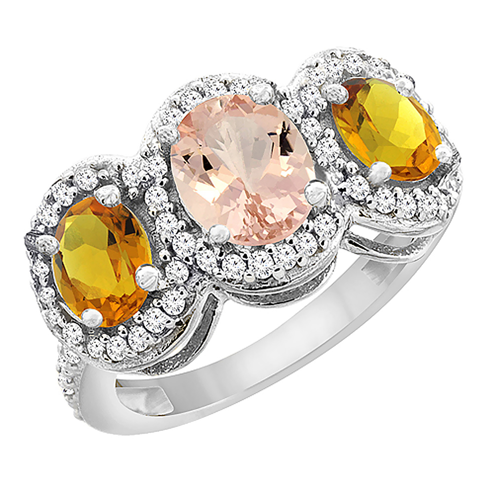 10K White Gold Natural Morganite &amp; Citrine 3-Stone Ring Oval Diamond Accent, sizes 5 - 10