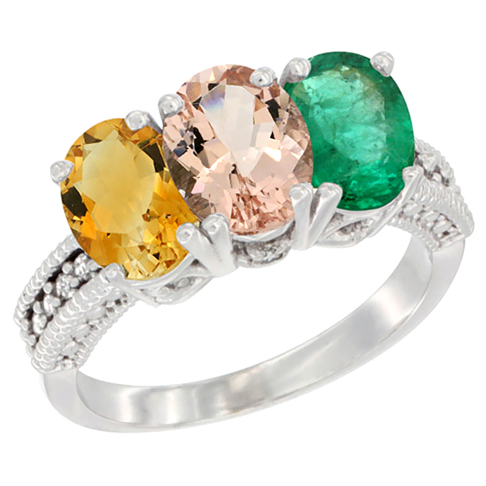 10K White Gold Natural Citrine, Morganite & Emerald Ring 3-Stone Oval 7x5 mm Diamond Accent, sizes 5 - 10