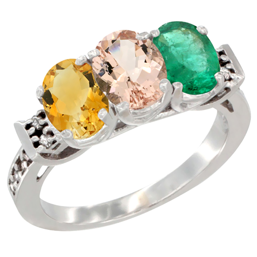 14K White Gold Natural Citrine, Morganite &amp; Emerald Ring 3-Stone 7x5 mm Oval Diamond Accent, sizes 5 - 10