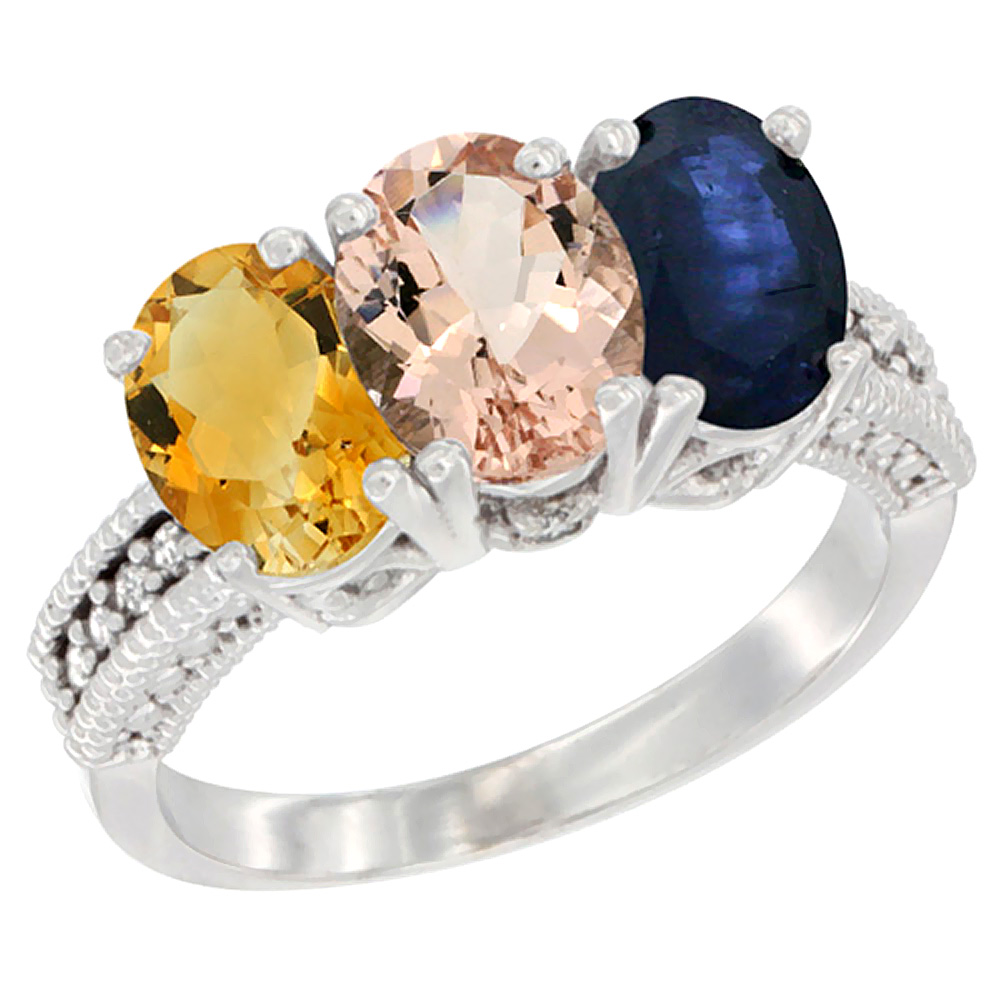 14K White Gold Natural Citrine, Morganite &amp; Blue Sapphire Ring 3-Stone 7x5 mm Oval Diamond Accent, sizes 5 - 10