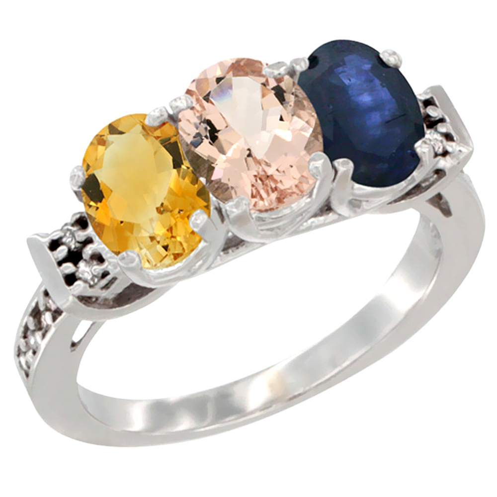 10K White Gold Natural Citrine, Morganite & Blue Sapphire Ring 3-Stone Oval 7x5 mm Diamond Accent, sizes 5 - 10