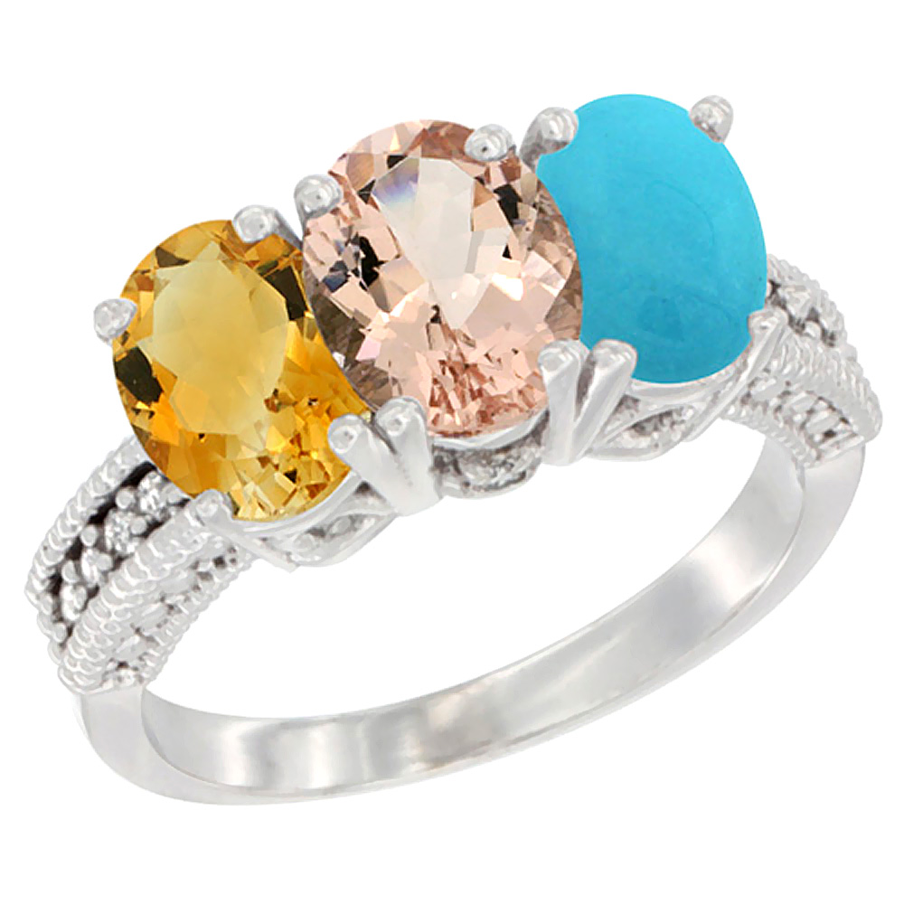 14K White Gold Natural Citrine, Morganite & Turquoise Ring 3-Stone 7x5 mm Oval Diamond Accent, sizes 5 - 10
