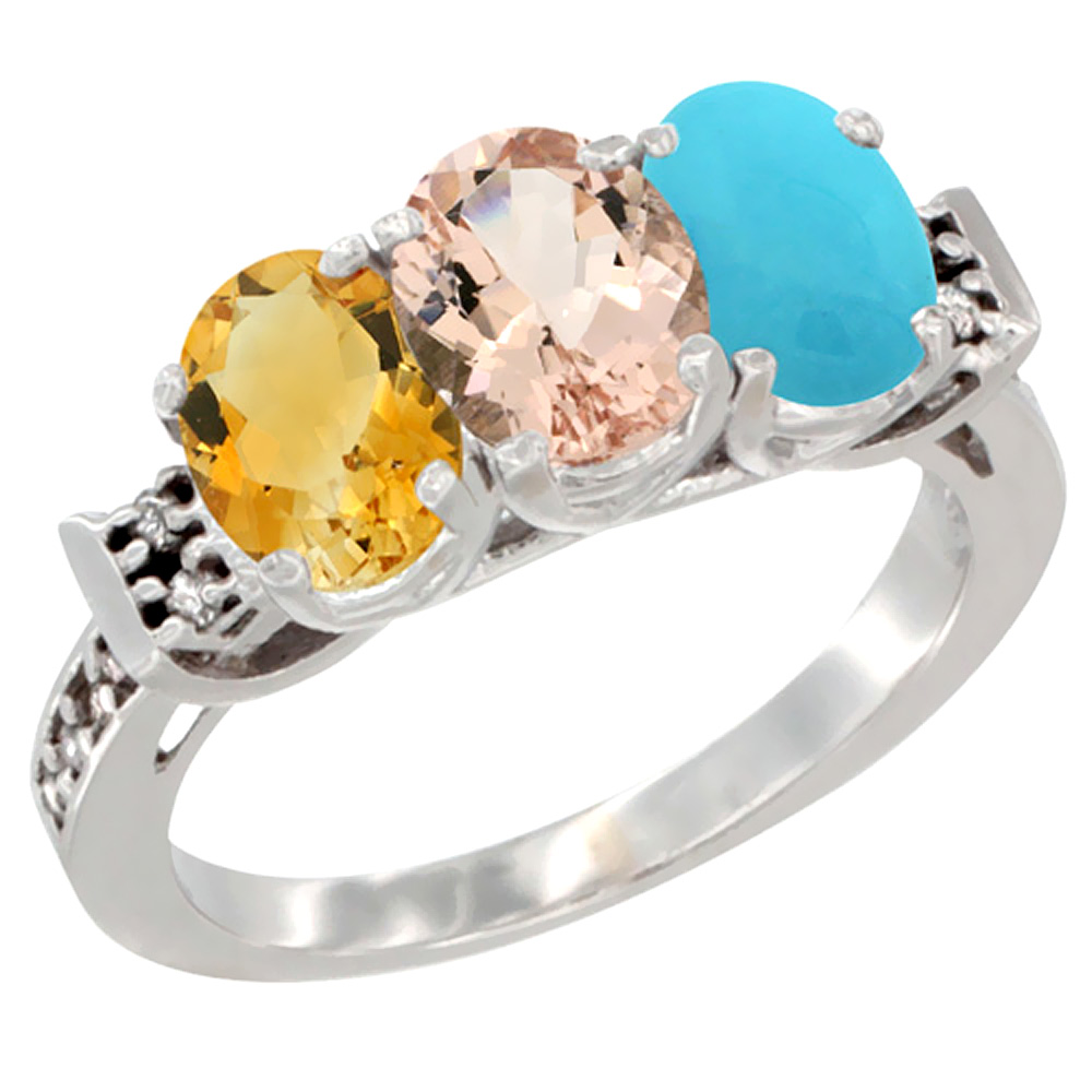 14K White Gold Natural Citrine, Morganite & Turquoise Ring 3-Stone 7x5 mm Oval Diamond Accent, sizes 5 - 10