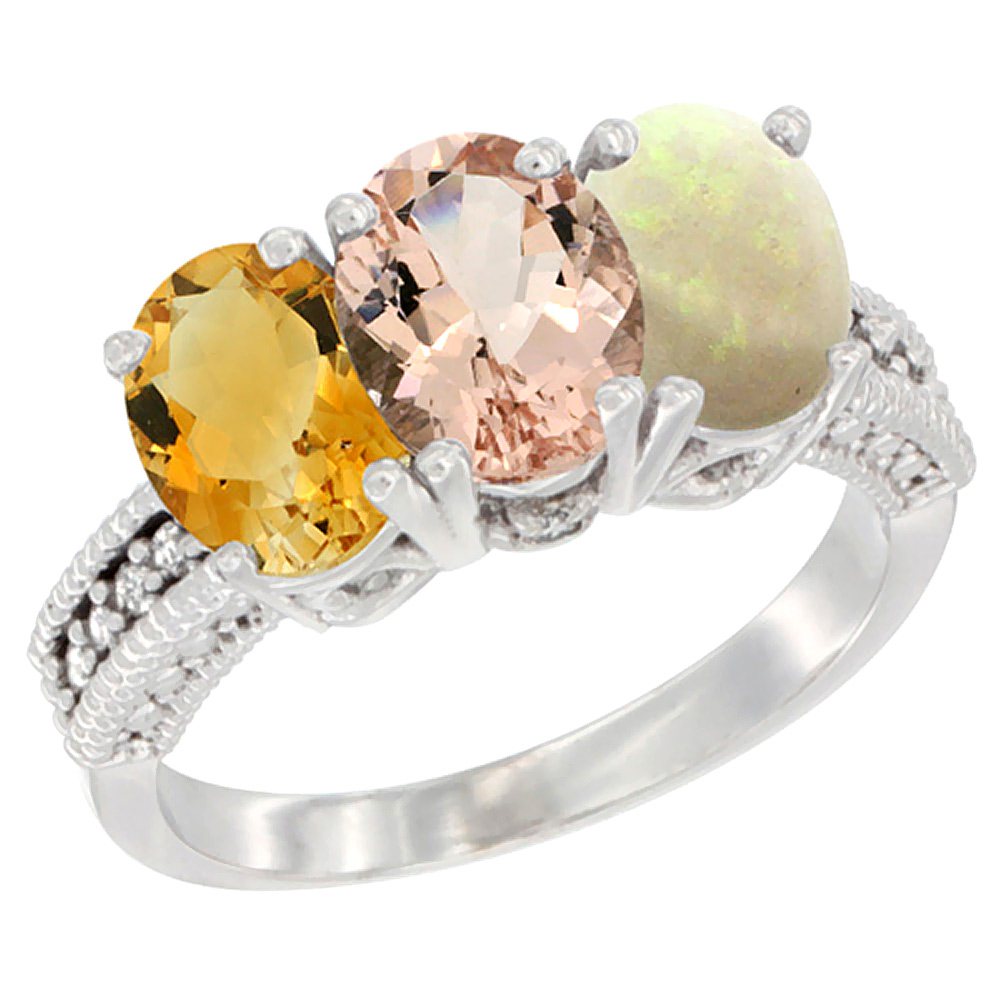 10K White Gold Natural Citrine, Morganite &amp; Opal Ring 3-Stone Oval 7x5 mm Diamond Accent, sizes 5 - 10