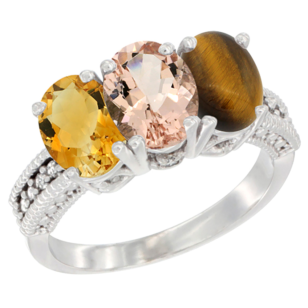 14K White Gold Natural Citrine, Morganite &amp; Tiger Eye Ring 3-Stone 7x5 mm Oval Diamond Accent, sizes 5 - 10
