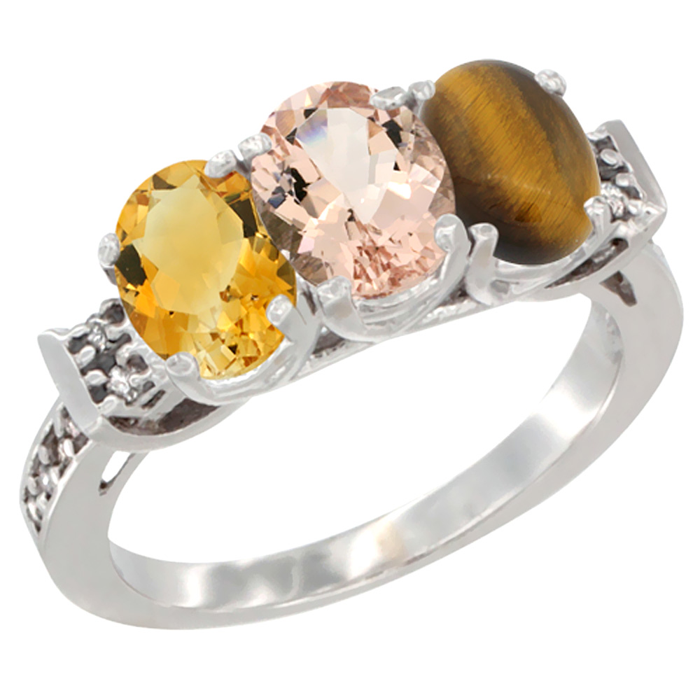 14K White Gold Natural Citrine, Morganite & Tiger Eye Ring 3-Stone 7x5 mm Oval Diamond Accent, sizes 5 - 10
