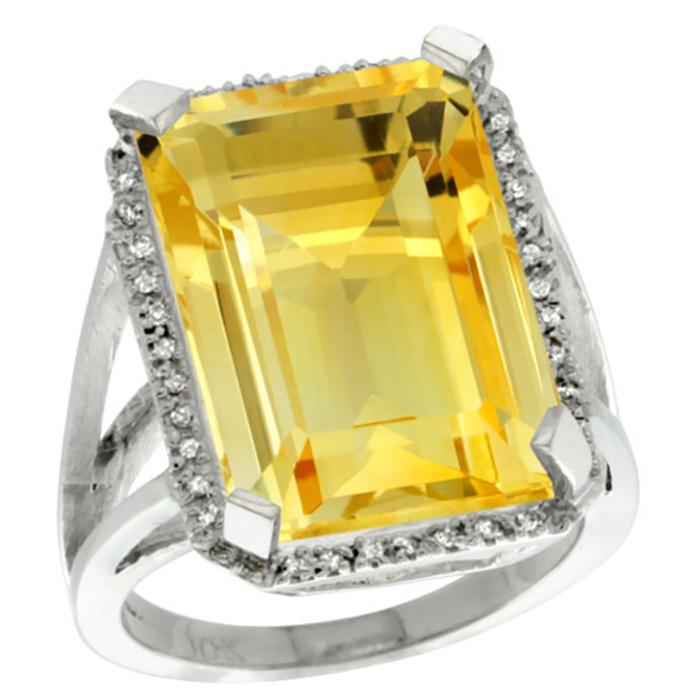 14K White Gold Diamond Natural Citrine Ring Emerald-cut 18x13mm, sizes 5-10