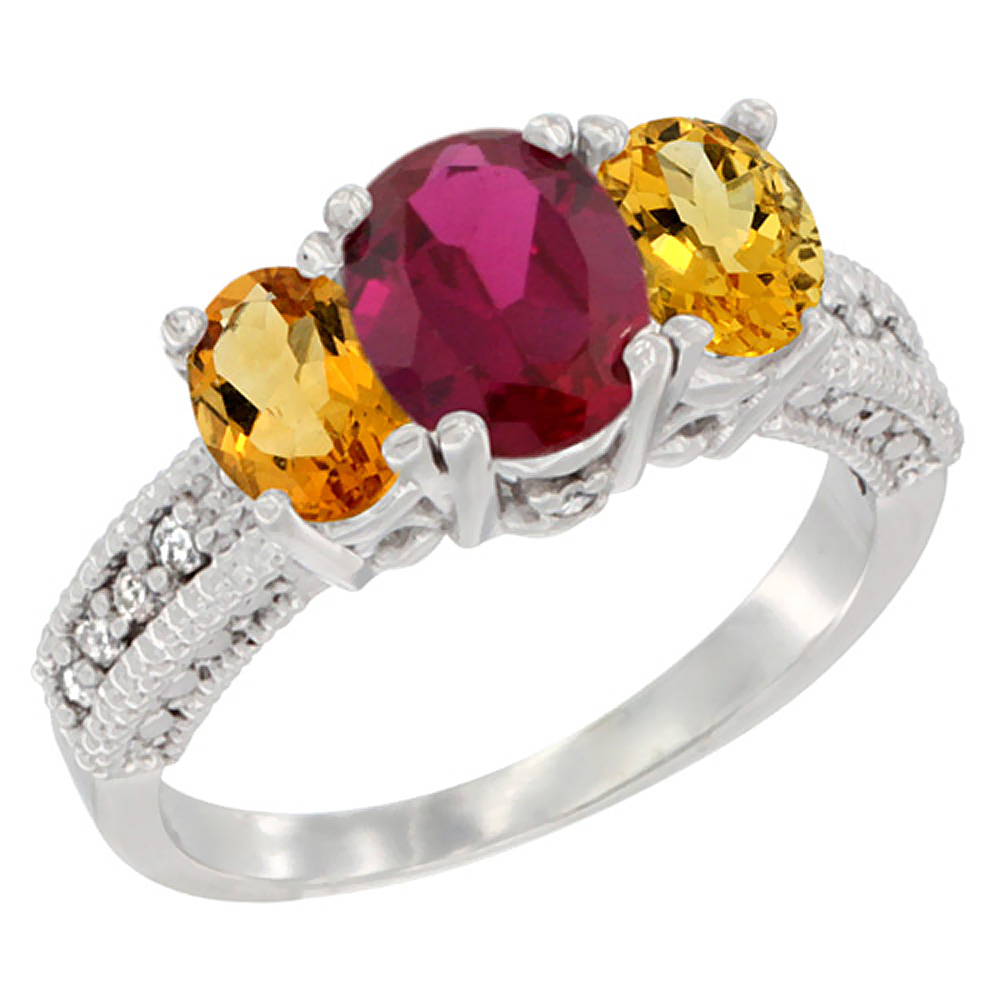 14K White Gold Diamond Quality Ruby 7x5mm &amp; 6x4mm Citrine Oval 3-stone Mothers Ring,size 5 - 10