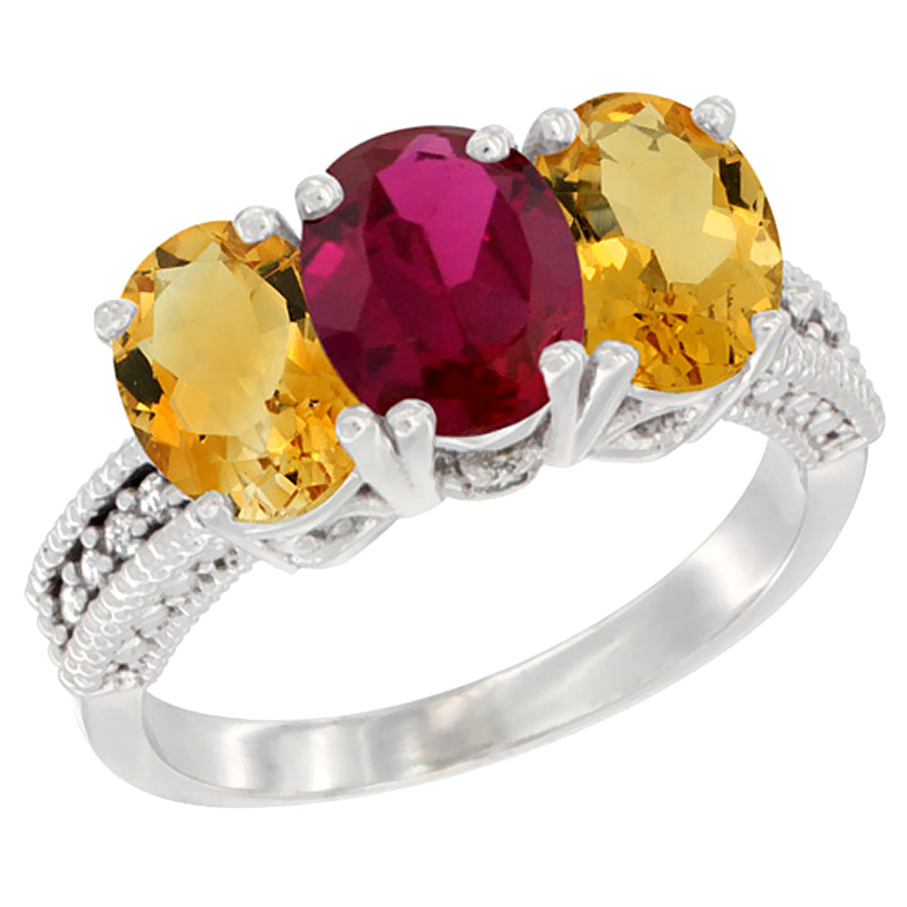 14K White Gold Natural Enhanced Ruby & Natural Citrine Sides Ring 3-Stone 7x5 mm Oval Diamond Accent, sizes 5 - 10