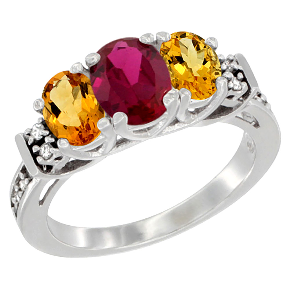 14K White Gold Natural Quality Ruby & Citrine 3-stone Mothers Ring Oval Diamond Accent, size 5-10