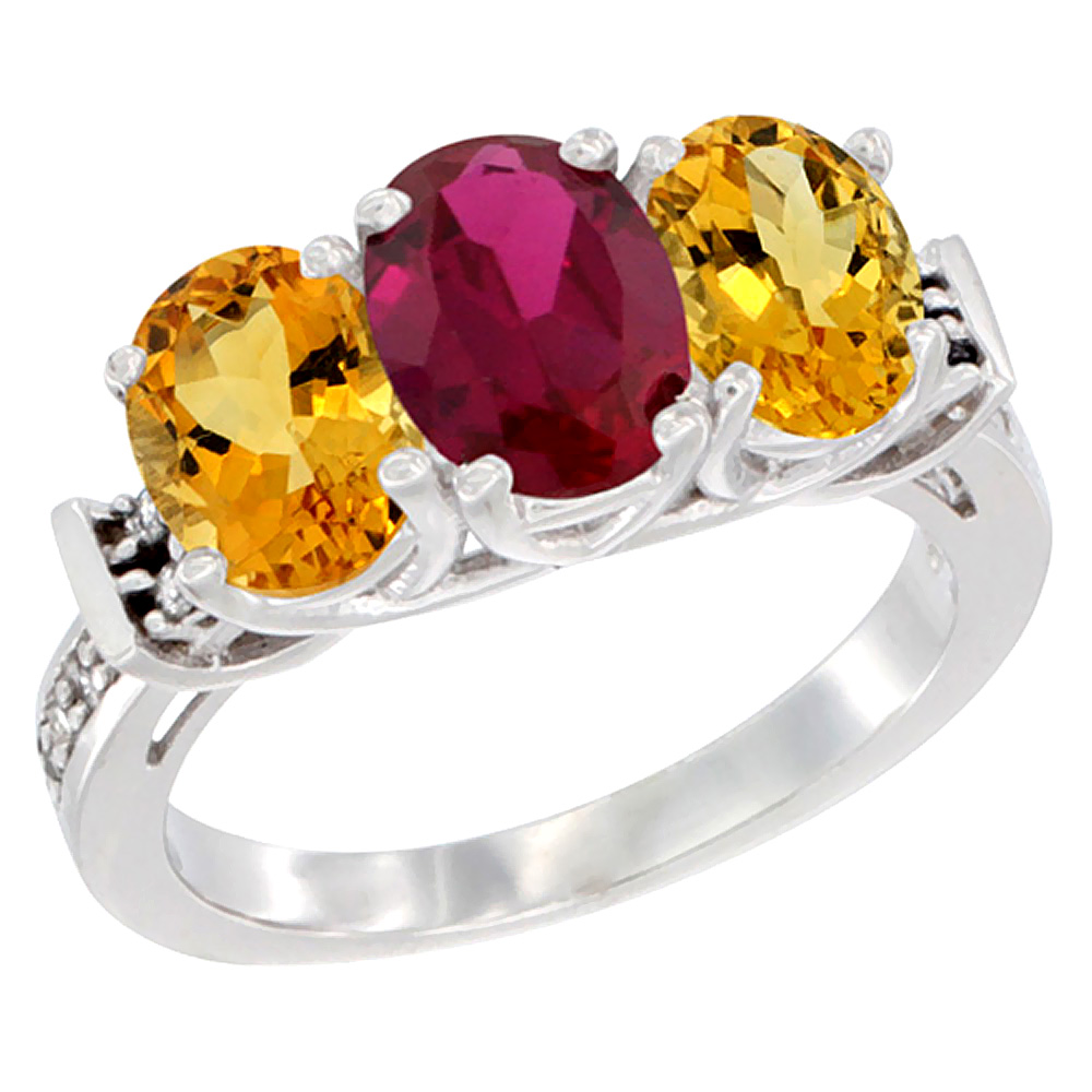 14K White Gold Natural High Quality Ruby & Citrine Sides Ring 3-Stone Oval Diamond Accent, sizes 5 - 10