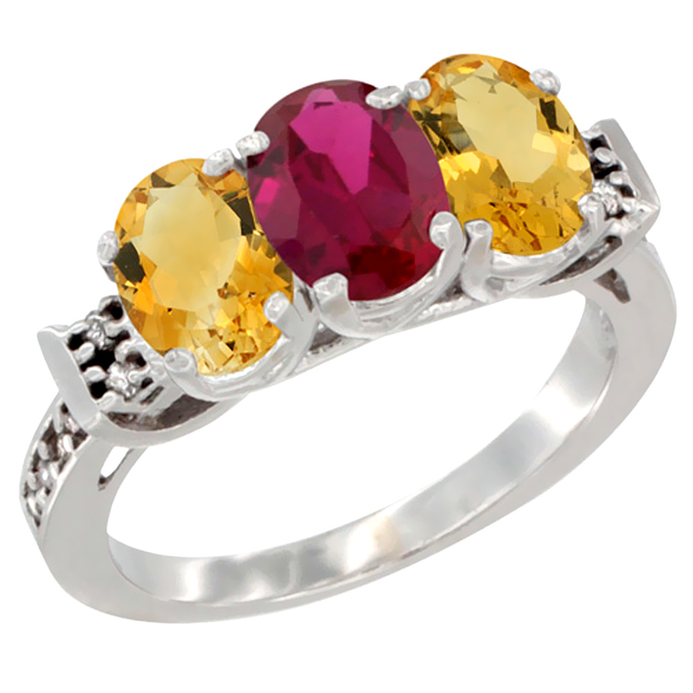 10K White Gold Enhanced Ruby &amp; Natural Citrine Sides Ring 3-Stone Oval 7x5 mm Diamond Accent, sizes 5 - 10