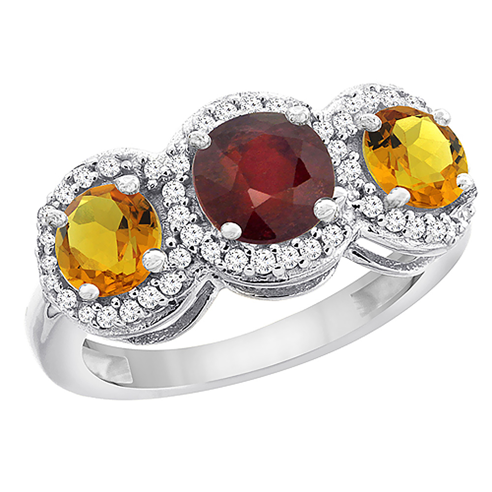 14K White Gold Enhanced Ruby &amp; Citrine Sides Round 3-stone Ring Diamond Accents, sizes 5 - 10