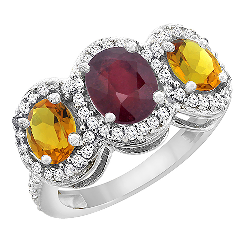 14K White Gold Natural Quality Ruby & Citrine 3-stone Mothers Ring Oval Diamond Accent, size 5 - 10
