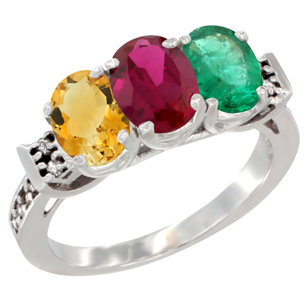 14K White Gold Natural Citrine, Enhanced Ruby &amp; Natural Emerald Ring 3-Stone 7x5 mm Oval Diamond Accent, sizes 5 - 10