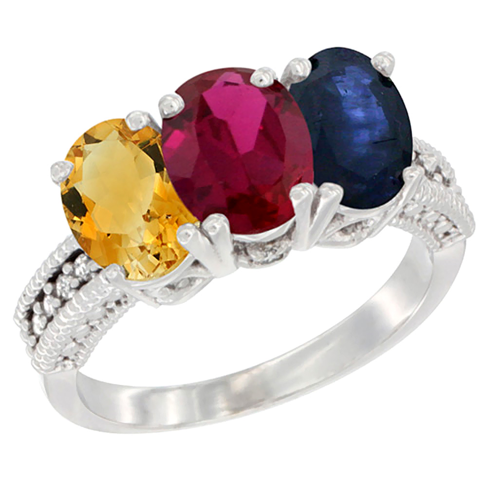10K White Gold Natural Citrine, Enhanced Ruby &amp; Natural Blue Sapphire Ring 3-Stone Oval 7x5 mm Diamond Accent, sizes 5 - 10