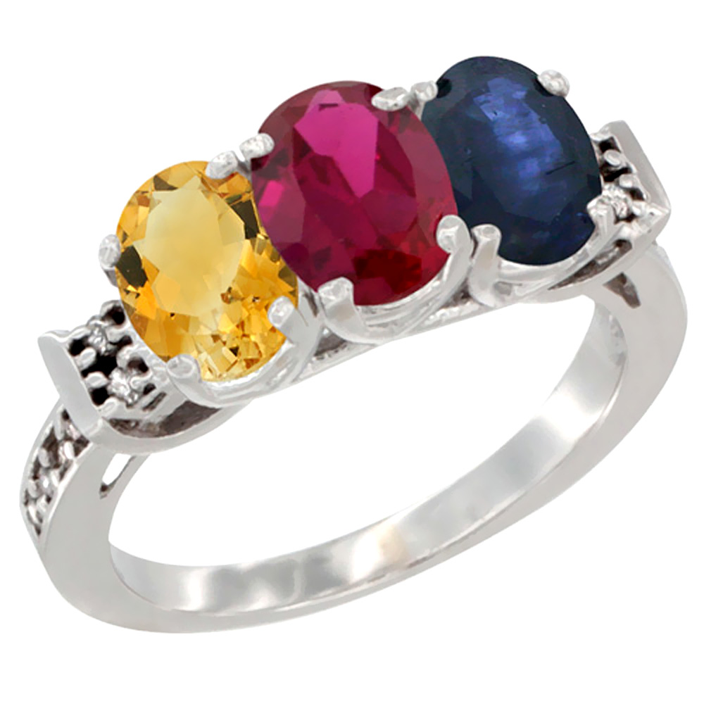 14K White Gold Natural Citrine, Enhanced Ruby &amp; Natural Blue Sapphire Ring 3-Stone 7x5 mm Oval Diamond Accent, sizes 5 - 10