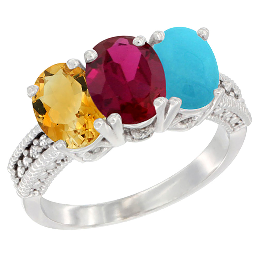 14K White Gold Natural Citrine, Enhanced Ruby &amp; Natural Turquoise Ring 3-Stone 7x5 mm Oval Diamond Accent, sizes 5 - 10