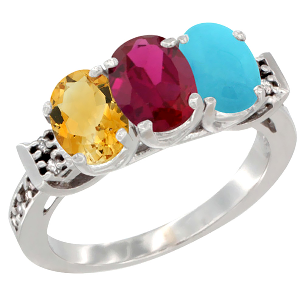 14K White Gold Natural Citrine, Enhanced Ruby & Natural Turquoise Ring 3-Stone 7x5 mm Oval Diamond Accent, sizes 5 - 10