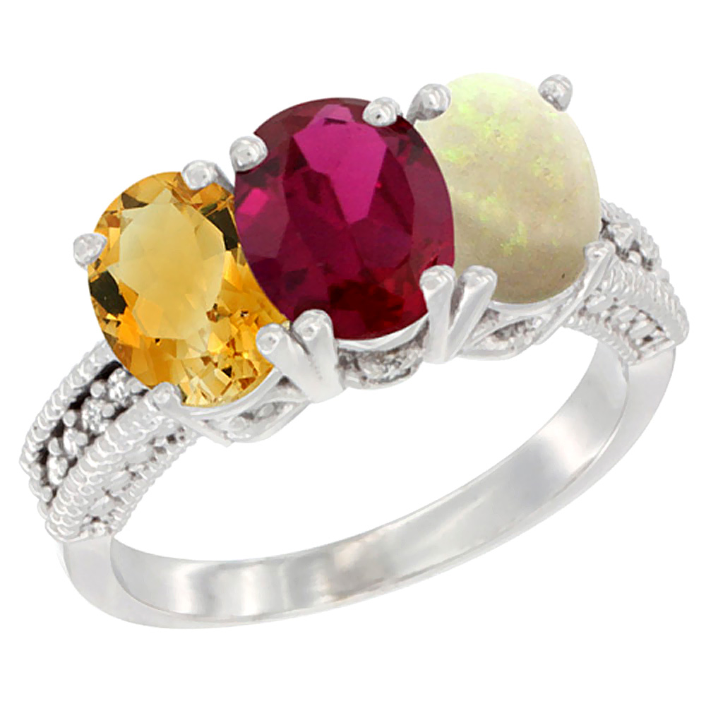 14K White Gold Natural Citrine, Enhanced Ruby & Natural Opal Ring 3-Stone 7x5 mm Oval Diamond Accent, sizes 5 - 10
