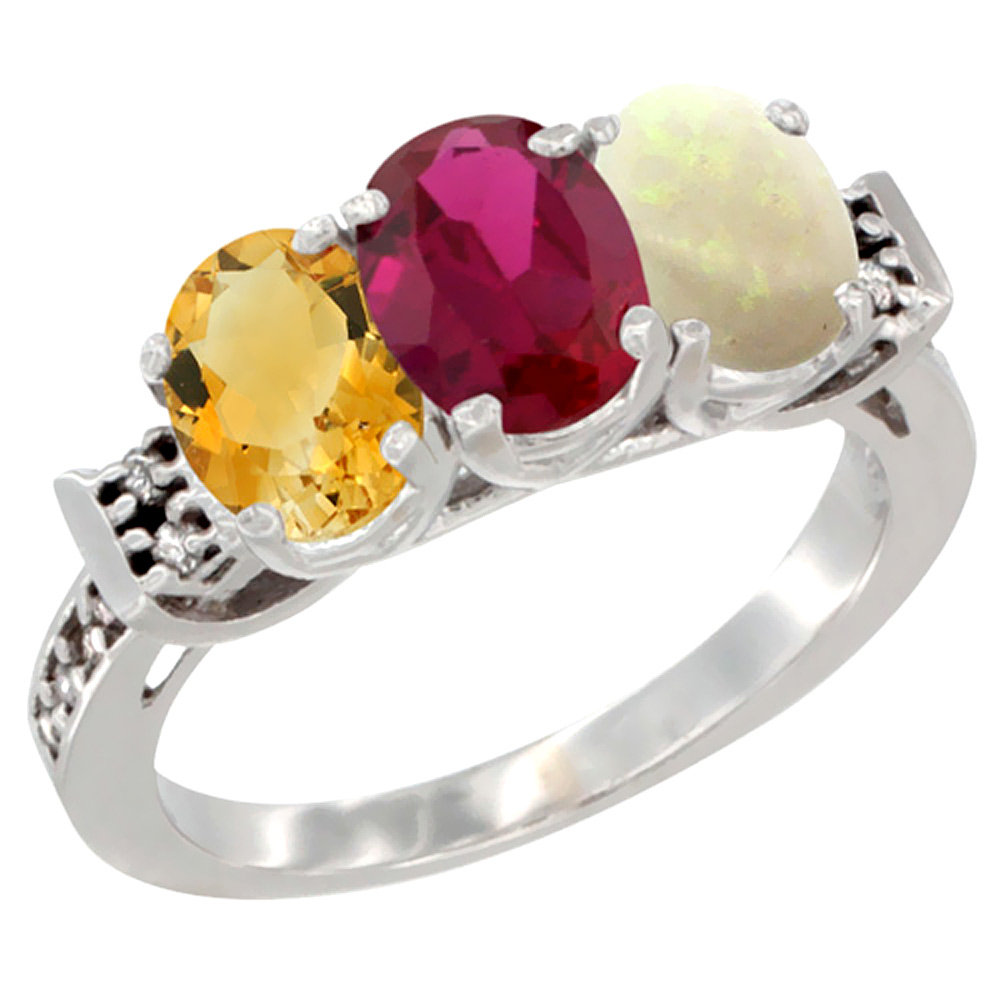 14K White Gold Natural Citrine, Enhanced Ruby &amp; Natural Opal Ring 3-Stone 7x5 mm Oval Diamond Accent, sizes 5 - 10