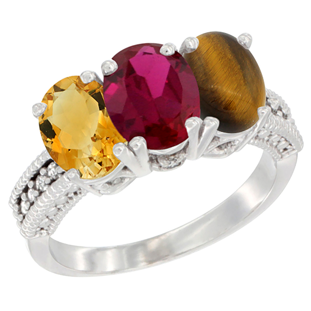 14K White Gold Natural Citrine, Enhanced Ruby &amp; Natural Tiger Eye Ring 3-Stone 7x5 mm Oval Diamond Accent, sizes 5 - 10