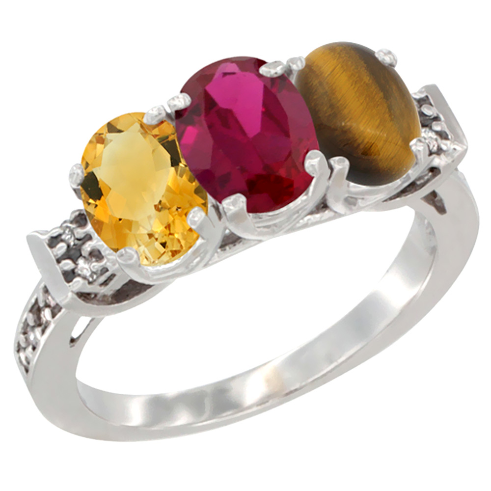 10K White Gold Natural Citrine, Enhanced Ruby & Natural Tiger Eye Ring 3-Stone Oval 7x5 mm Diamond Accent, sizes 5 - 10