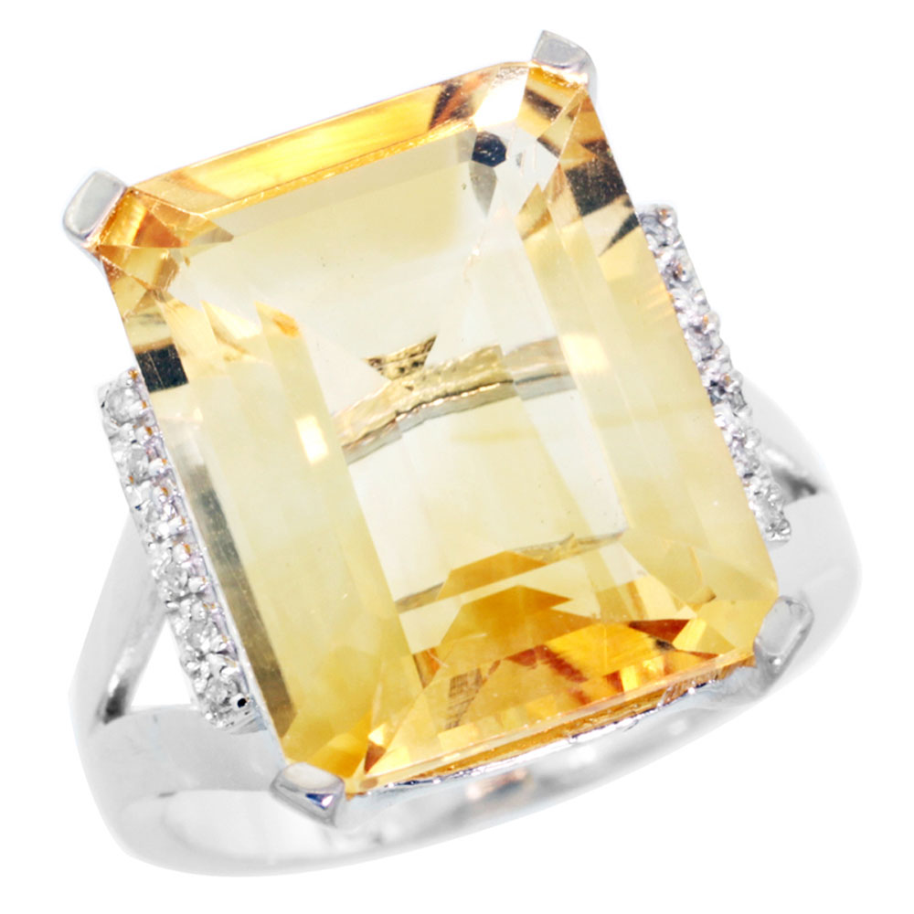10K White Gold Diamond Natural Citrine Ring Emerald-cut 16x12mm, sizes 5-10