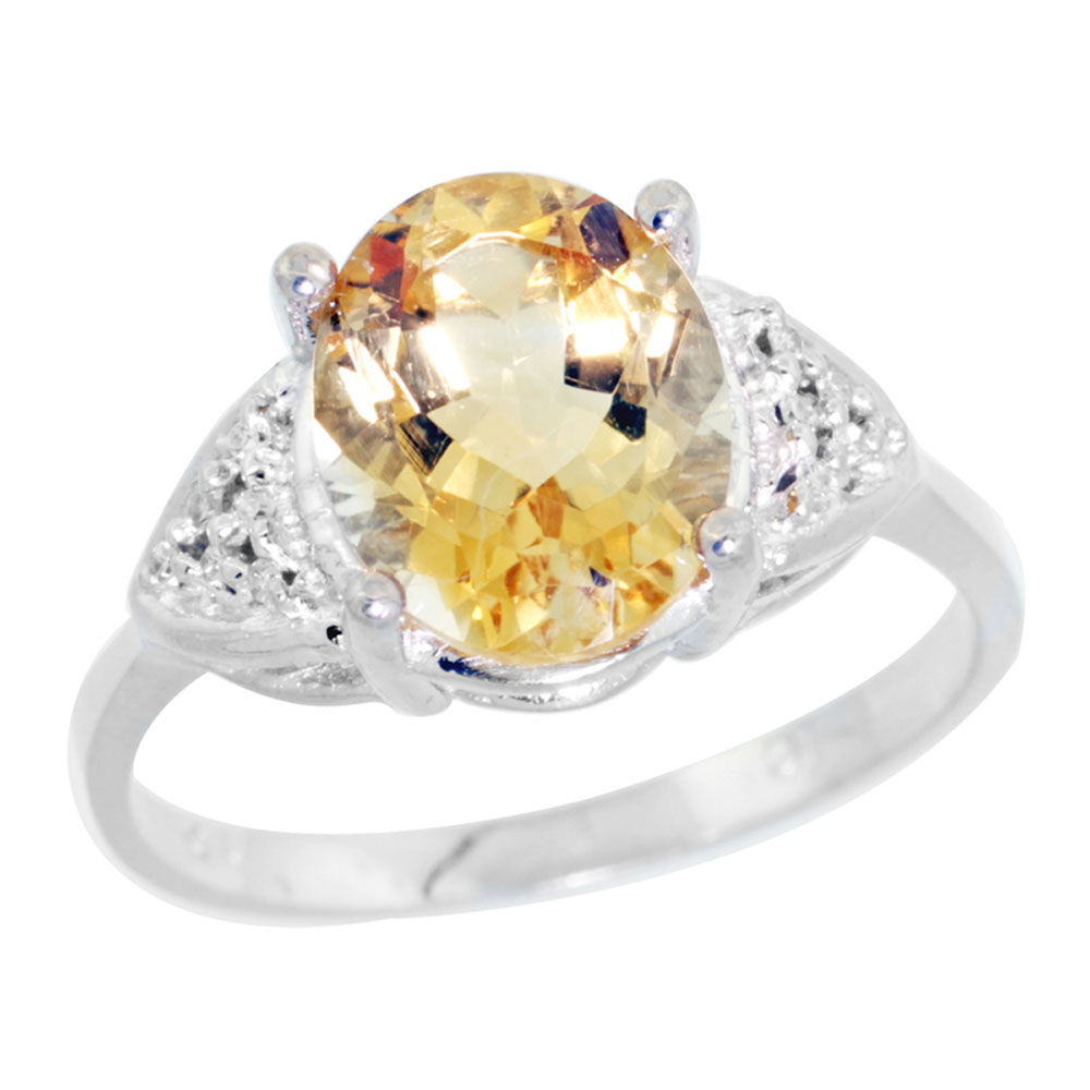 14k White Gold Diamond Natural Citrine Engagement Ring Oval 10x8mm, sizes 5-10
