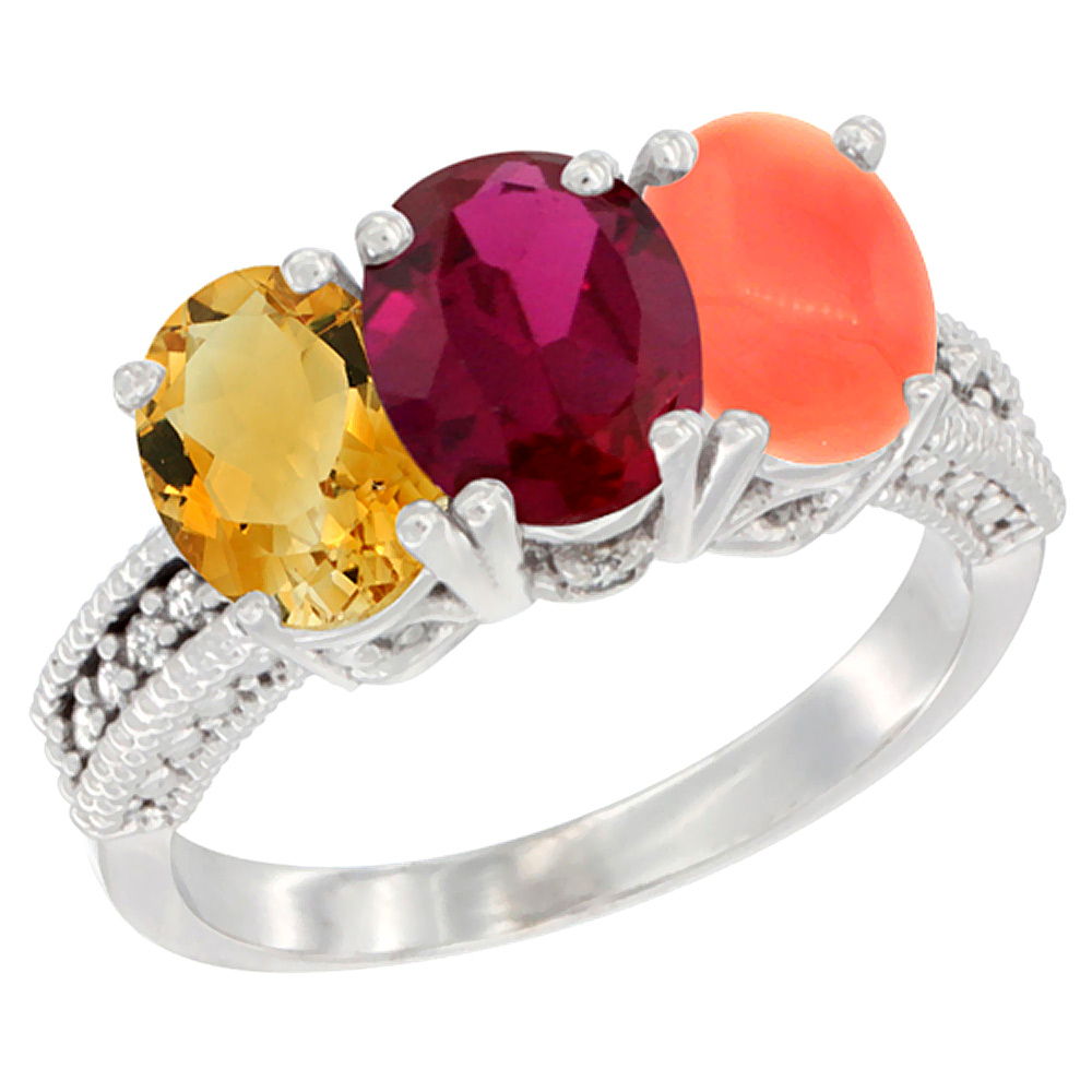 10K White Gold Natural Citrine, Enhanced Ruby &amp; Natural Coral Ring 3-Stone Oval 7x5 mm Diamond Accent, sizes 5 - 10