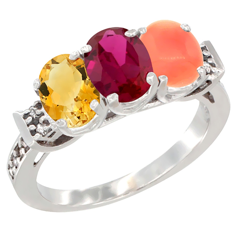 10K White Gold Natural Citrine, Enhanced Ruby &amp; Natural Coral Ring 3-Stone Oval 7x5 mm Diamond Accent, sizes 5 - 10