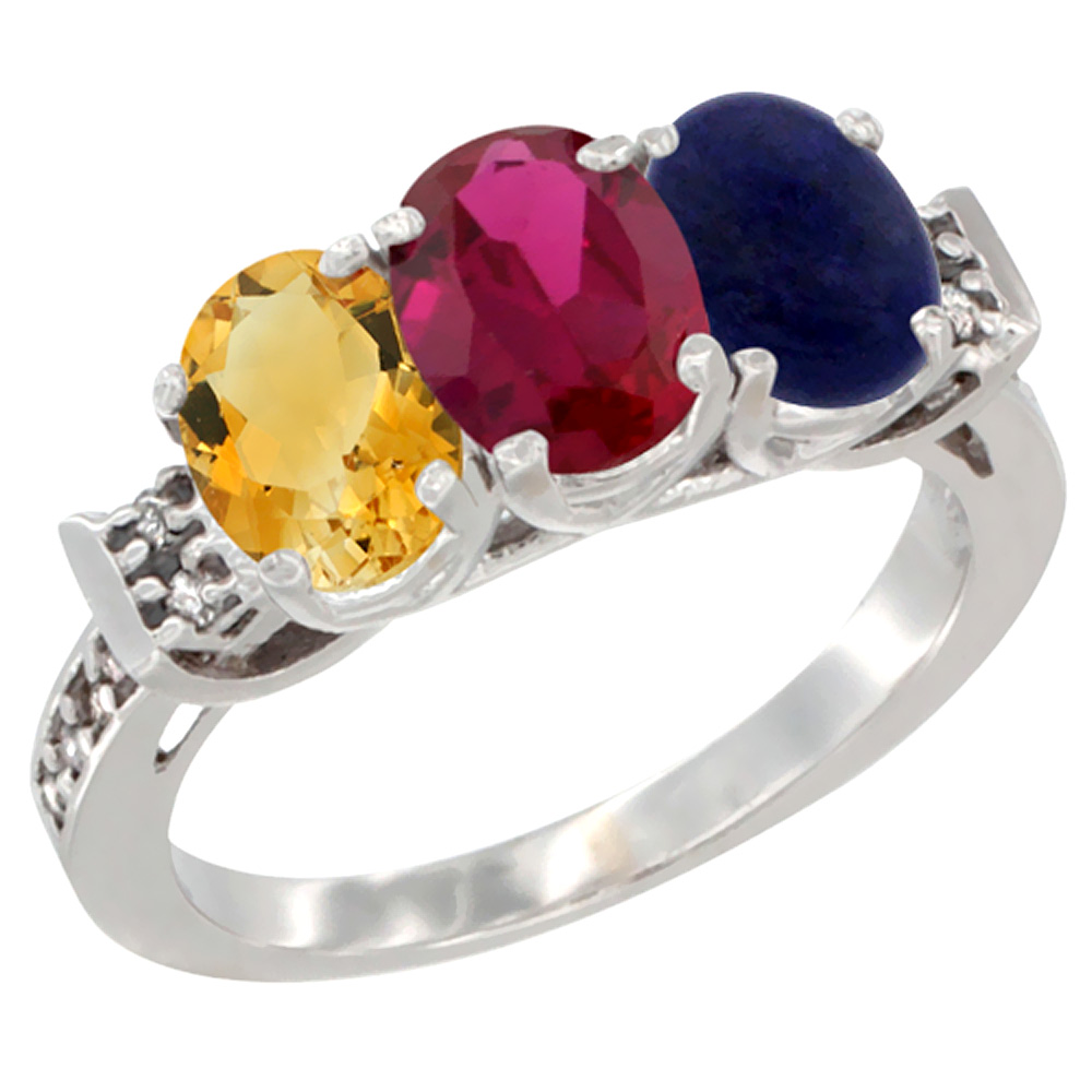 10K White Gold Natural Citrine, Enhanced Ruby & Natural Lapis Ring 3-Stone Oval 7x5 mm Diamond Accent, sizes 5 - 10