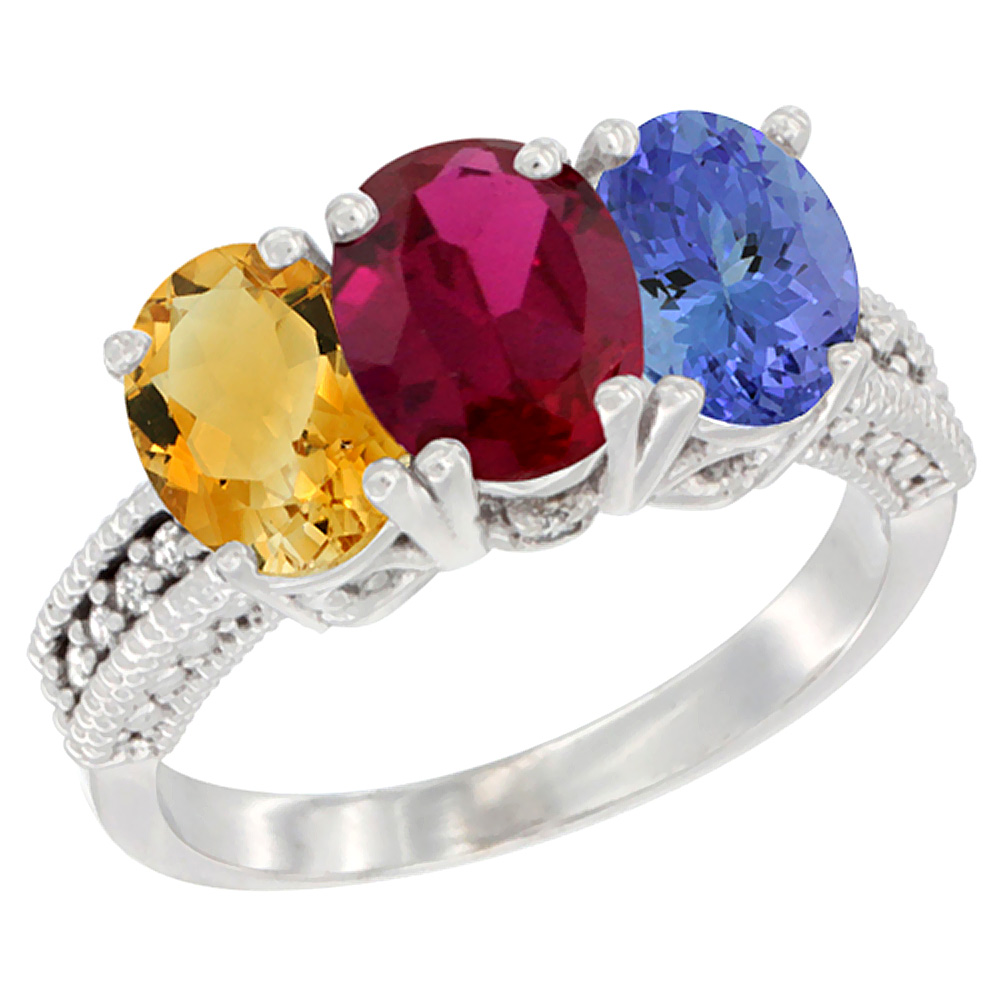 14K White Gold Natural Citrine, Enhanced Ruby &amp; Natural Tanzanite Ring 3-Stone 7x5 mm Oval Diamond Accent, sizes 5 - 10