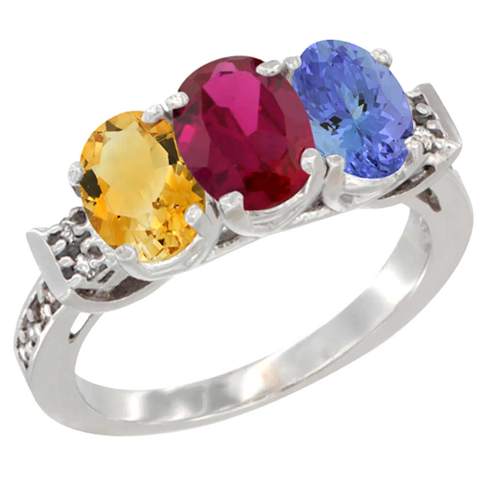 14K White Gold Natural Citrine, Enhanced Ruby & Natural Tanzanite Ring 3-Stone 7x5 mm Oval Diamond Accent, sizes 5 - 10